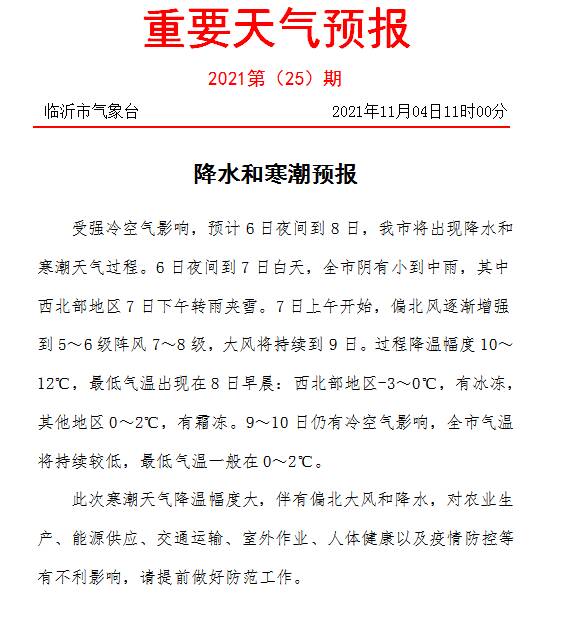 臨沂發(fā)布寒潮預(yù)報(bào)最低溫-3℃ 7日下午部分地區(qū)有雨夾雪
