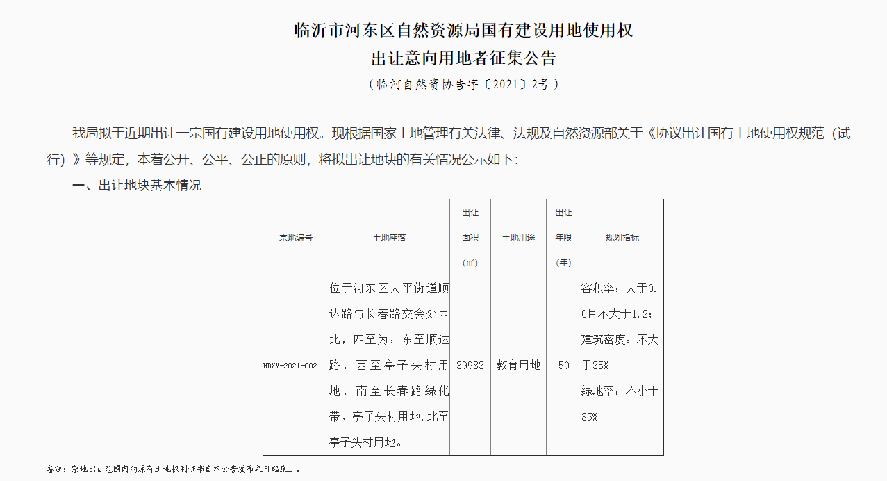 臨沂河?xùn)|國有建設(shè)用地出讓！近4萬平方米！作為教育用地！