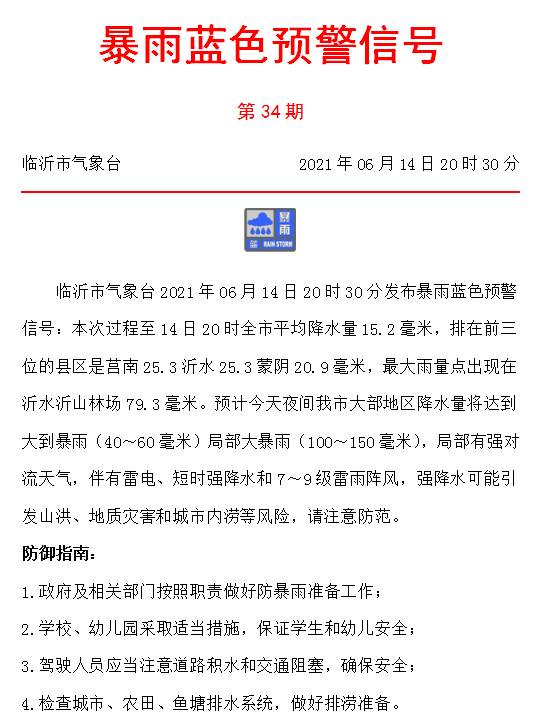 局部大暴雨！臨沂發(fā)布暴雨藍(lán)色預(yù)警 就在今晚