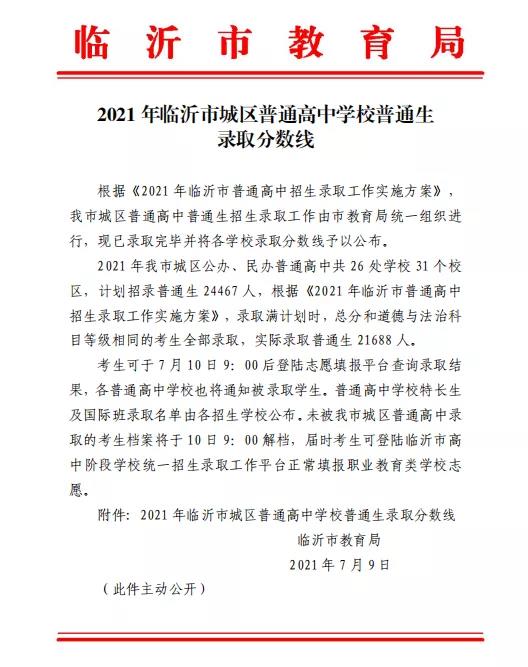 剛剛，臨沂城區(qū)普通高中錄取分?jǐn)?shù)線出爐